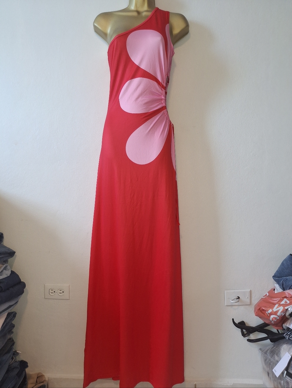 One-Shoulder Red Maxi Dress with Pink Floral Accent